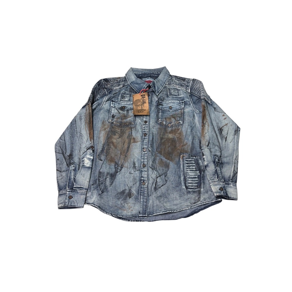 NWT GS-115 Moto Denim Shirt Men XL Blue Acid Wash Paint Splatter Limited Edition